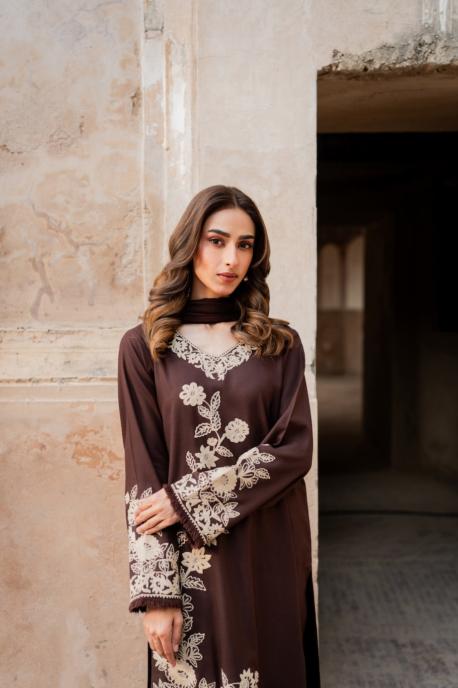 Maya Dhanak Embroidered 3 Piece Dress Brown