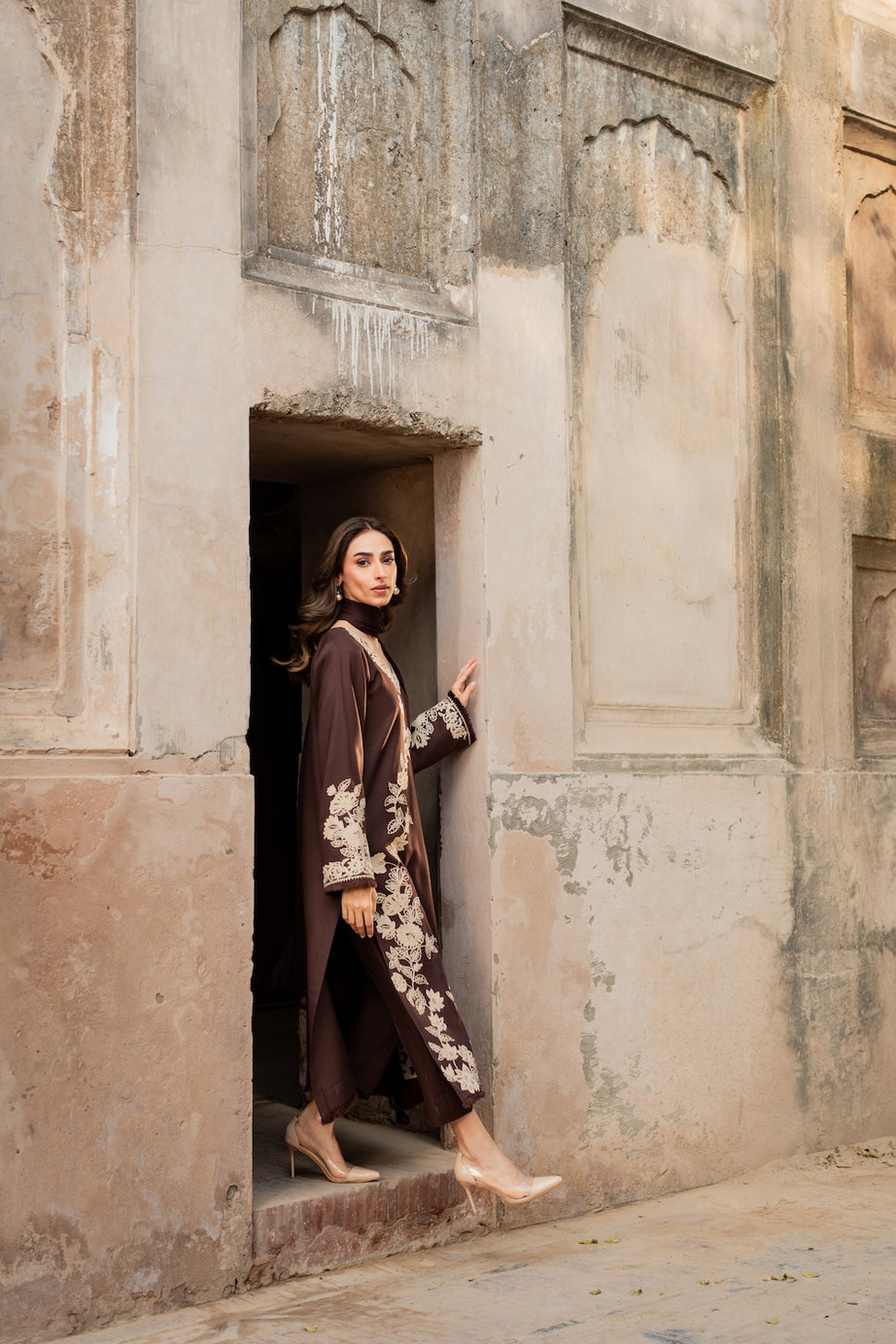 Maya Dhanak Embroidered 3 Piece Dress Brown