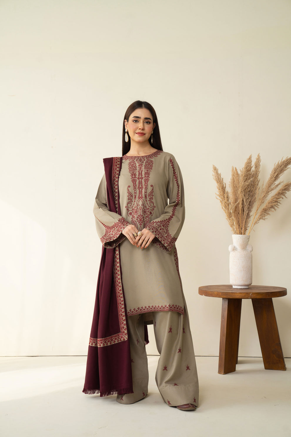 BAROQUE-3PC DHANAK EMBROIDERED SHIRT WITH DHANAK EMB TROUSER