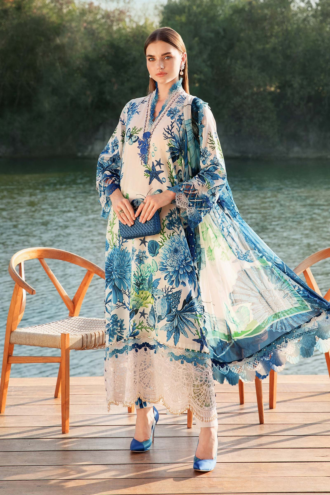 Maria B | blueish - Lawn Digital Print 3pcs With Chiffon Dupatta Collection & Patches