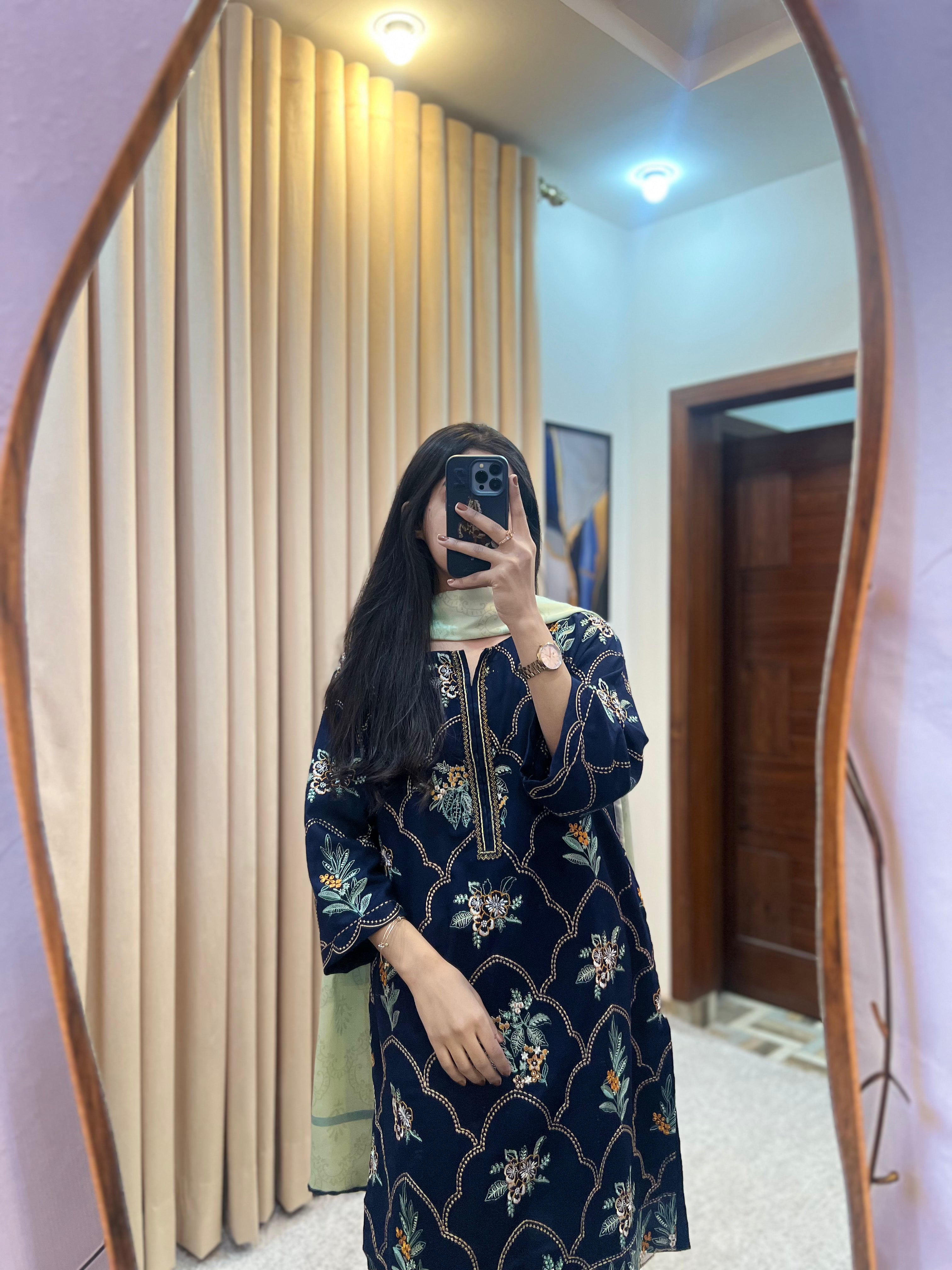 Luxury Dhanak 3Pc Emb Suit Navy