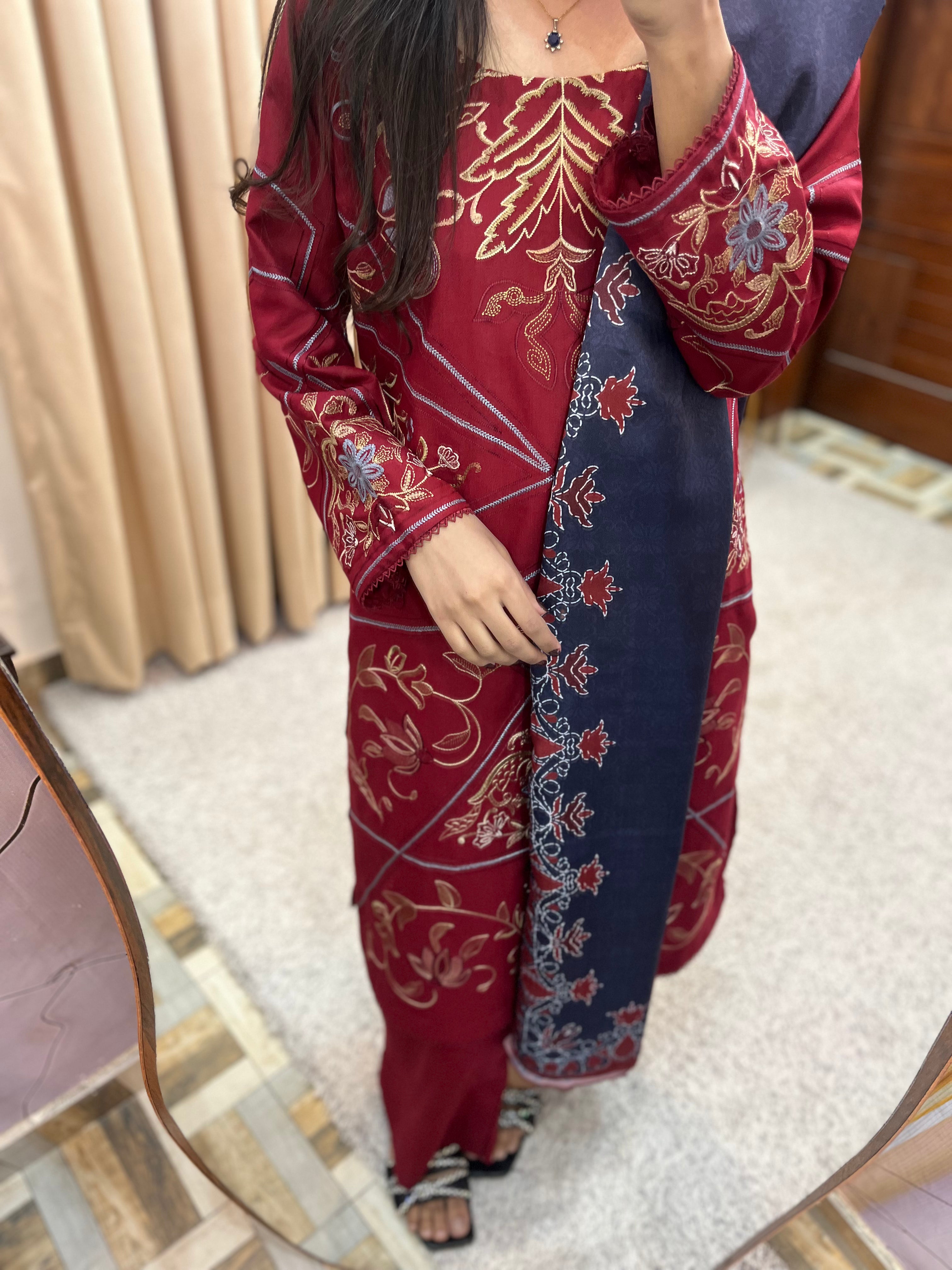 3-PC Luxury Embroidered Dhanak Suit