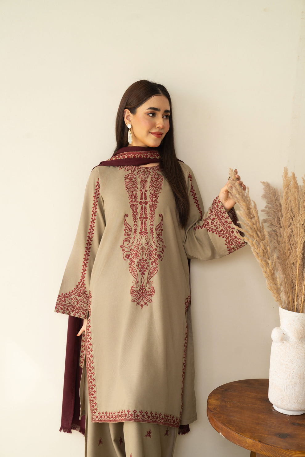 BAROQUE-3PC DHANAK EMBROIDERED SHIRT WITH DHANAK EMB TROUSER