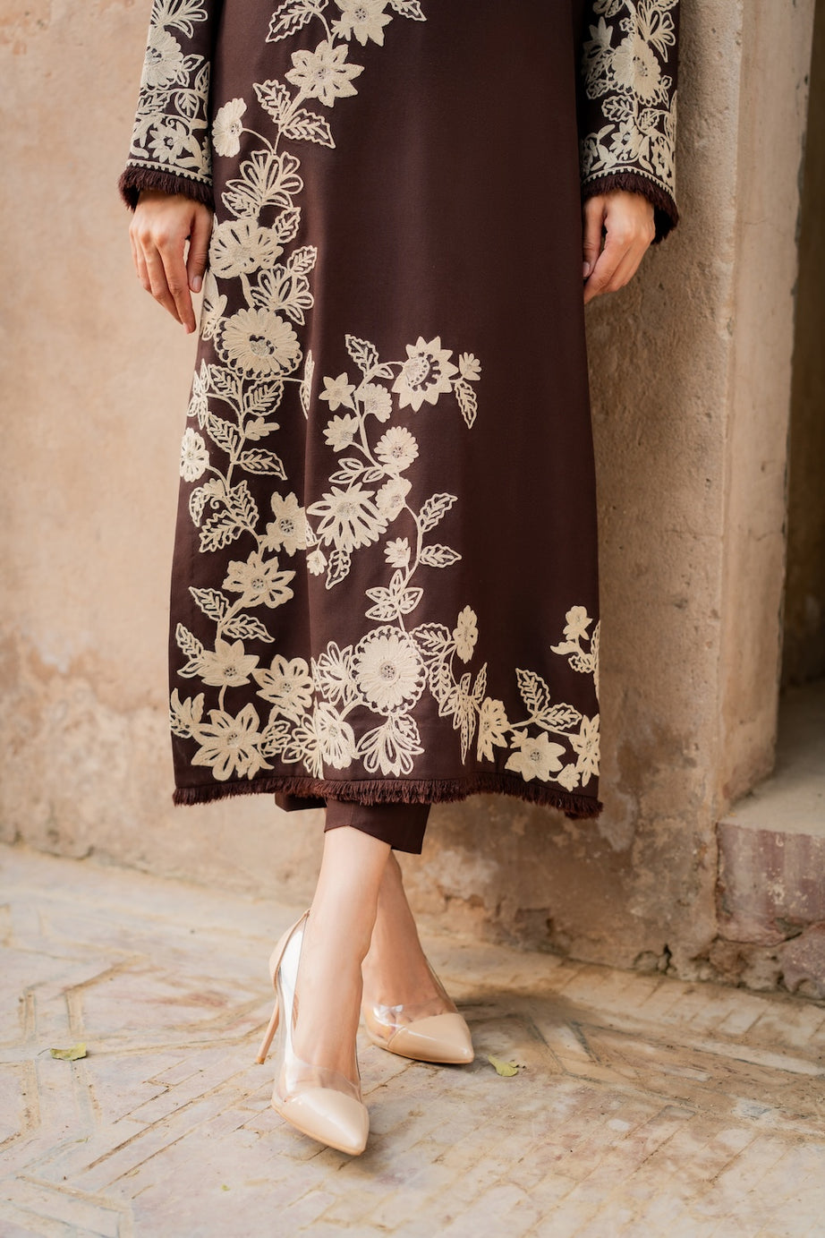 Maya Dhanak Embroidered 3 Piece Dress Brown