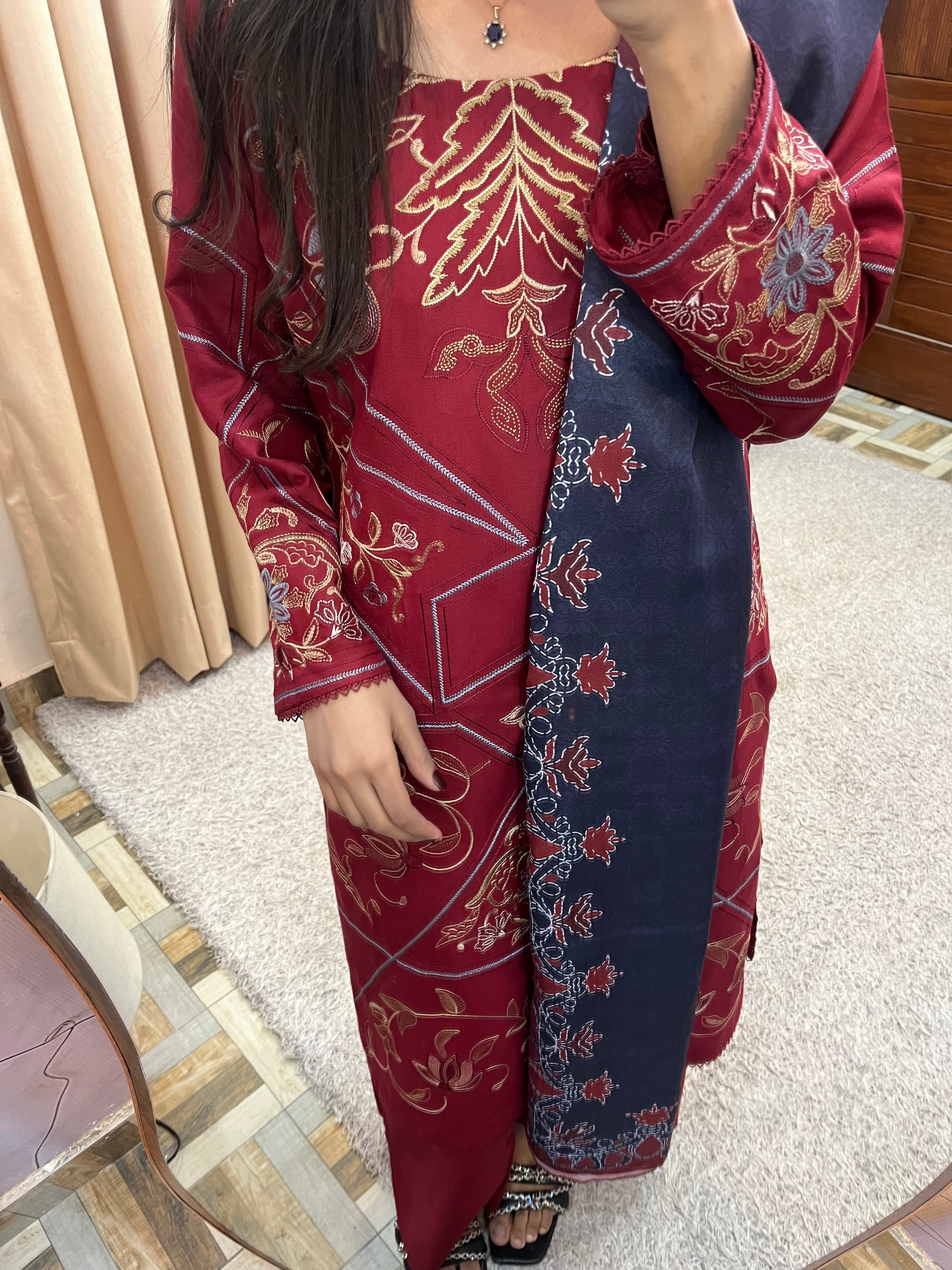 3-PC Luxury Embroidered Dhanak Suit