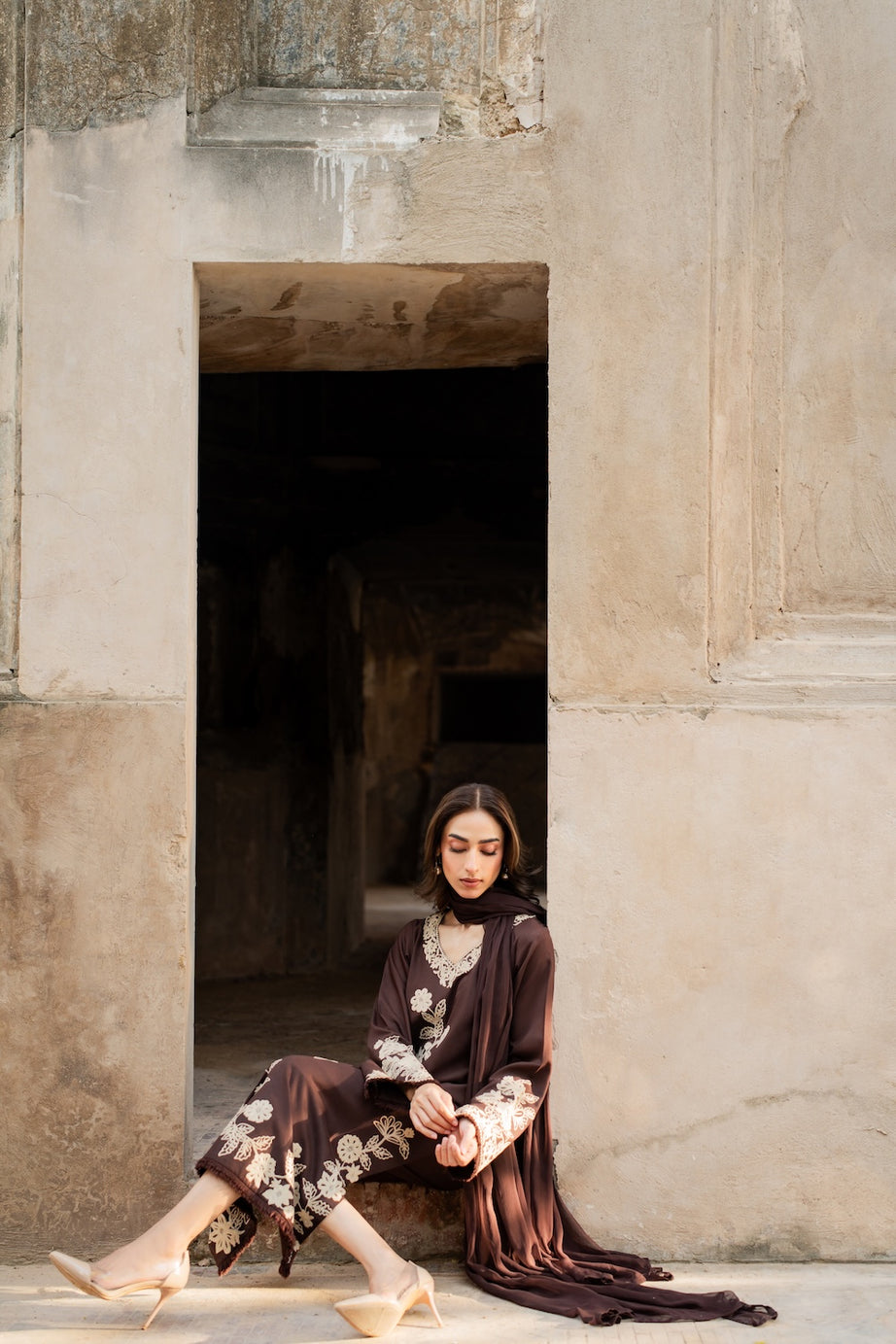 Maya Dhanak Embroidered 3 Piece Dress Brown