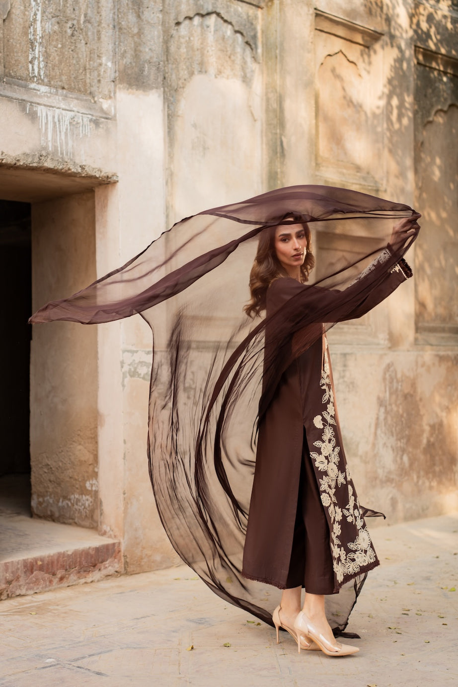 Maya Dhanak Embroidered 3 Piece Dress Brown